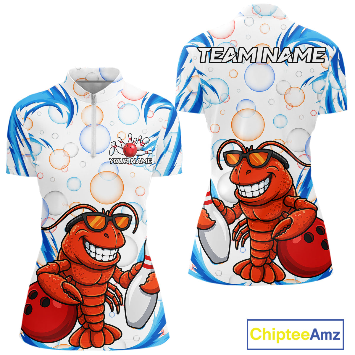 White & Blue Bubbles Funny Lobster Bowling Polo Quarter-Zip Shirt For Women Custom Bowling Team Shirt NYN3976