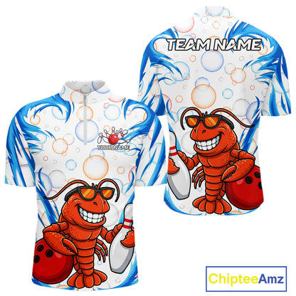 White & Blue Bubbles Funny Lobster Bowling Polo Quarter-Zip Shirt For Men Custom Bowling Team Shirt NYN3976