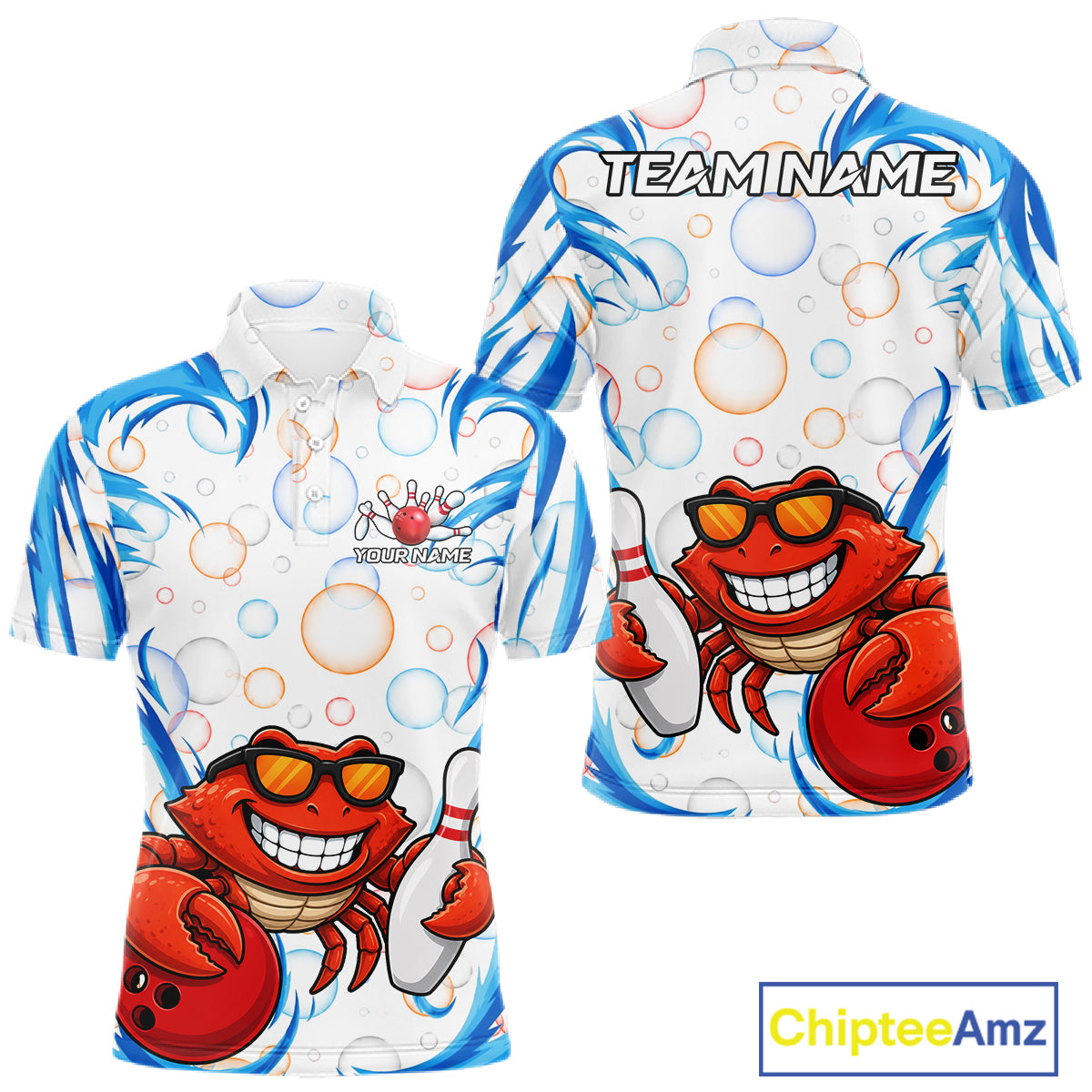 White & Blue Bubbles Funny Crab Bowling Polo Quarter-Zip Shirt For Men Custom Bowling Team Shirt NYN3977