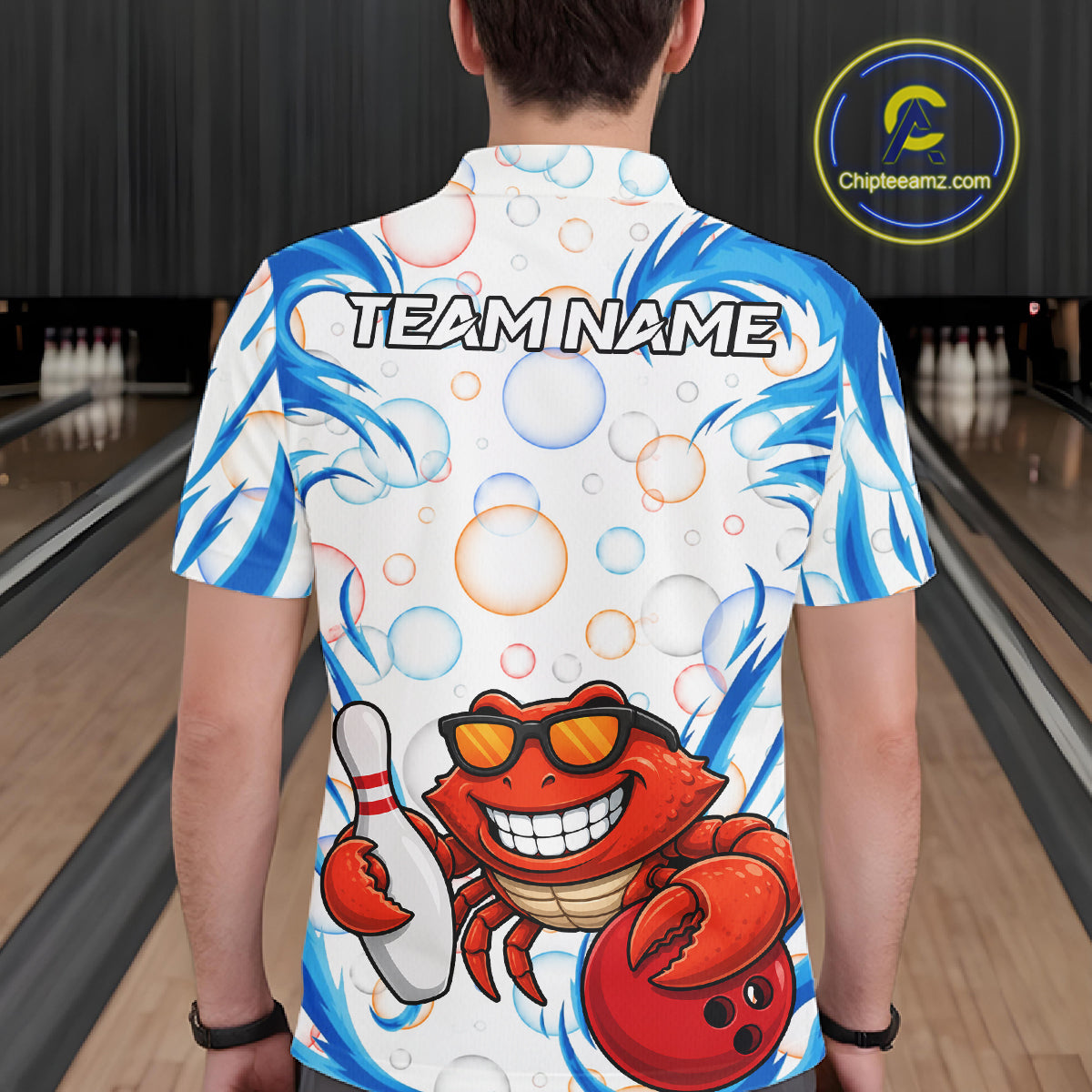 White & Blue Bubbles Funny Crab Bowling Polo Quarter-Zip Shirt For Men Custom Bowling Team Shirt NYN3977