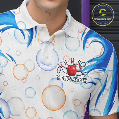 White & Blue Bubbles Funny Crab Bowling Polo Quarter-Zip Shirt For Men Custom Bowling Team Shirt NYN3977