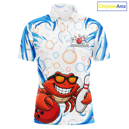 White & Blue Bubbles Funny Crab Bowling Polo Quarter-Zip Shirt For Men Custom Bowling Team Shirt NYN3977