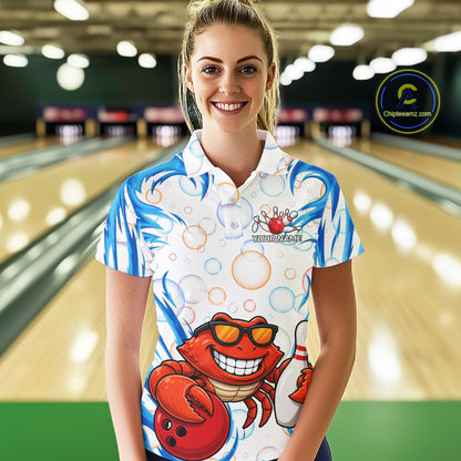 White & Blue Bubbles Funny Crab Bowling Polo Quarter-Zip Shirt For Women Custom Bowling Team Shirt NYN3977