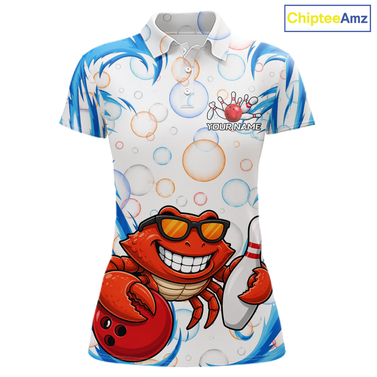 White & Blue Bubbles Funny Crab Bowling Polo Quarter-Zip Shirt For Women Custom Bowling Team Shirt NYN3977