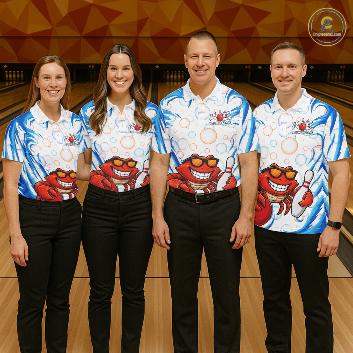 White & Blue Bubbles Funny Crab Bowling Polo Quarter-Zip Shirt For Men Custom Bowling Team Shirt NYN3977