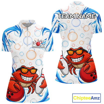 White & Blue Bubbles Funny Crab Bowling Polo Quarter-Zip Shirt For Women Custom Bowling Team Shirt NYN3977