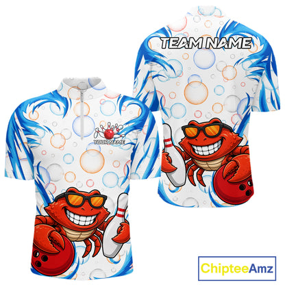 White & Blue Bubbles Funny Crab Bowling Polo Quarter-Zip Shirt For Men Custom Bowling Team Shirt NYN3977