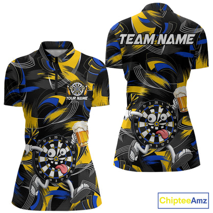 Yellow And Blue Paint Dartboard Funny Beer Darts Team Shirt For Women Custom Darts Polo 1/4-Zip Jersey NYN3988