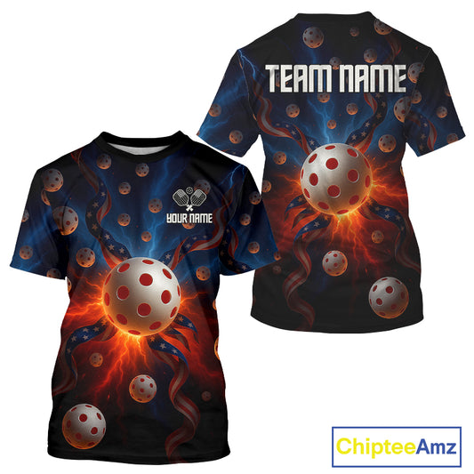 Custom USA Flag Multi-Ball Men's Pickleball T-Shirt Red & Blue Pickleball Jerseys NYN1891