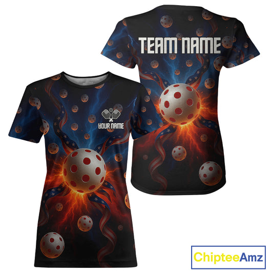 Custom USA Flag Multi-Ball Women's Pickleball T-Shirt Red & Blue Pickleball Jerseys NYN1891