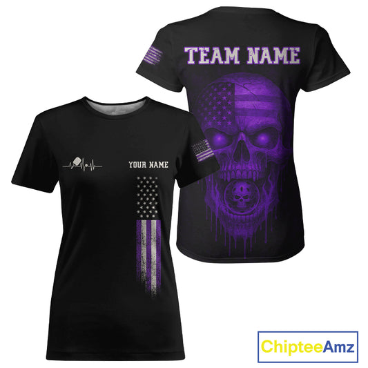 Custom Purple Grunge Skull Pickleball Ball League Jerseys For Women US Flag Pickleball Shirts NYN2151