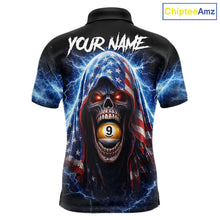 Load image into Gallery viewer, US Flag Thunder Grim Reaper 8 Ball 9 Ball Pool Men Billiard Shirt Custom Patriotic Billiard Apparel NYN2636