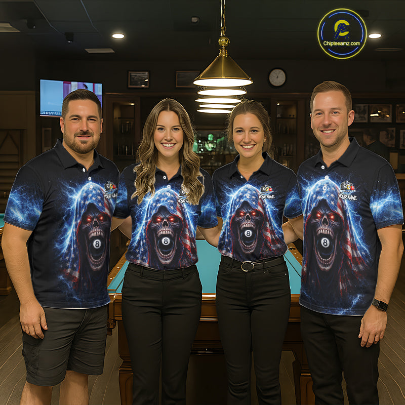 US Flag Thunder Grim Reaper 8 Ball 9 Ball Pool Women Billiard Shirt Custom Patriotic Billiard Apparel NYN2636