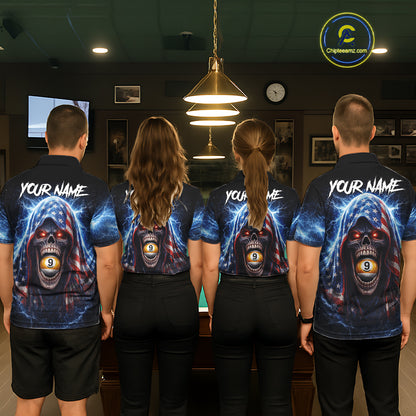 US Flag Thunder Grim Reaper 8 Ball 9 Ball Pool Women Billiard Shirt Custom Patriotic Billiard Apparel NYN2636