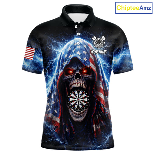 American Flag Thunder Grim Reaper Dartboard Men Darts Polo Shirt Custom Patriotic Dart League Shirt NYN2641