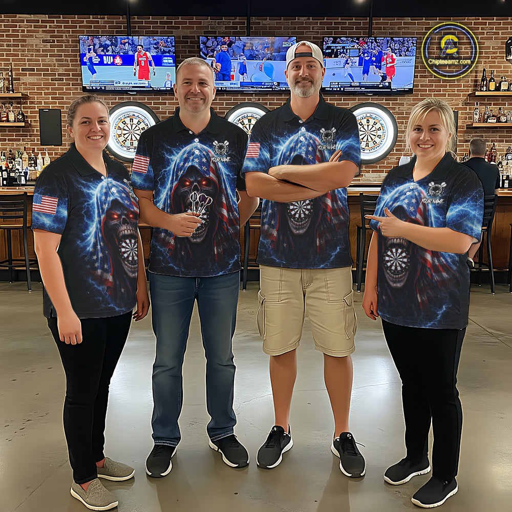 American Flag Thunder Grim Reaper Dartboard Women Darts 1/4-Zip Shirt Custom Patriotic Dart League Shirt NYN2641