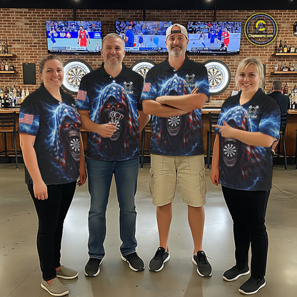 American Flag Thunder Grim Reaper Dartboard Women Darts 1/4-Zip Shirt Custom Patriotic Dart League Shirt NYN2641