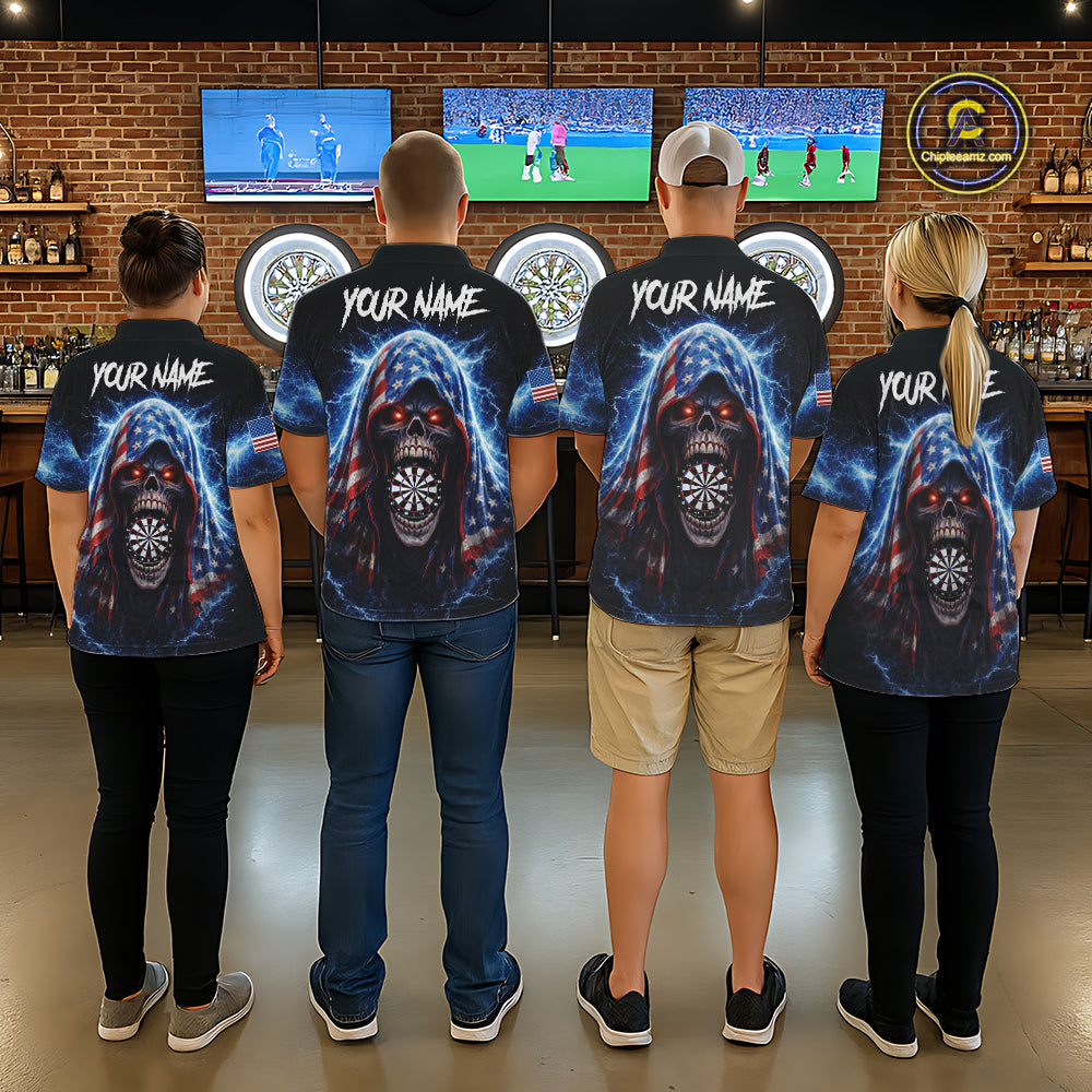 American Flag Thunder Grim Reaper Dartboard Women Darts 1/4-Zip Shirt Custom Patriotic Dart League Shirt NYN2641
