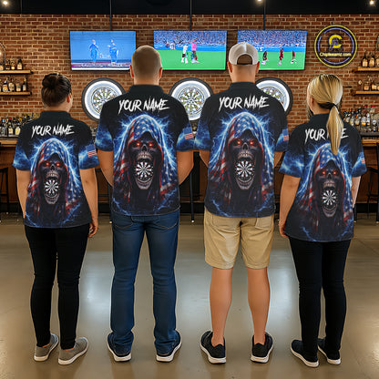 American Flag Thunder Grim Reaper Dartboard Women Darts 1/4-Zip Shirt Custom Patriotic Dart League Shirt NYN2641