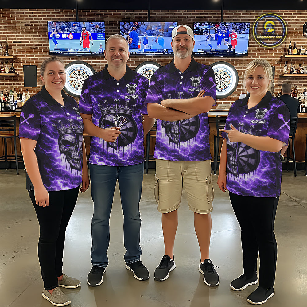 Thunder Purple Cracked Crown Skull Dartboard Women Darts 1/4-Zip Shirt Custom Dart League Shirt NYN2645