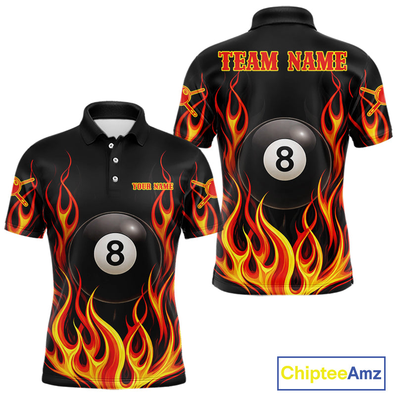 Personalized 8 Ball Fire Flame Pool Billiard Polo & 1/4 Zip For Men Custom Flame Billiard Team Attire NYN3013