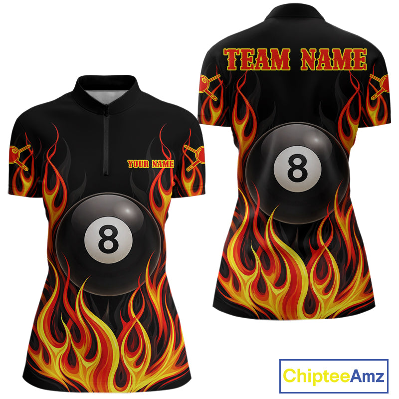 Personalized 8 Ball Fire Flame Pool Billiard Polo & 1/4 Zip For Women Custom Flame Billiard Team Attire NYN3013
