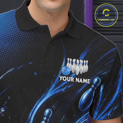 Blue Watering Bowling Ball & Pins Jerseys For Men Custom Splatter Bowling Shirt Team Attire NYN3181