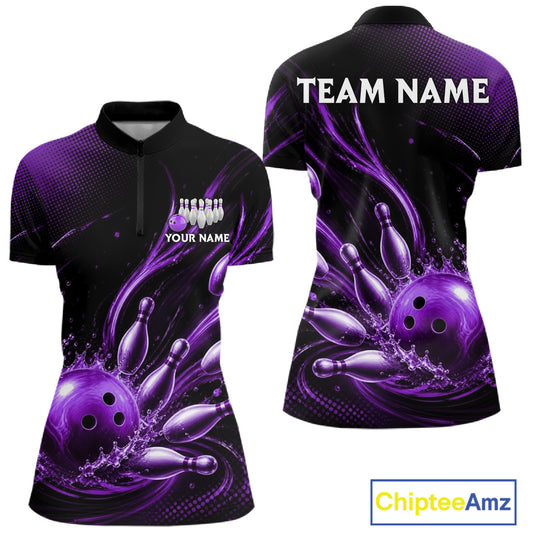 Purple Watering Bowling Ball & Pins Jerseys For Women Custom Splatter Bowling Shirt Team Attire NYN3182