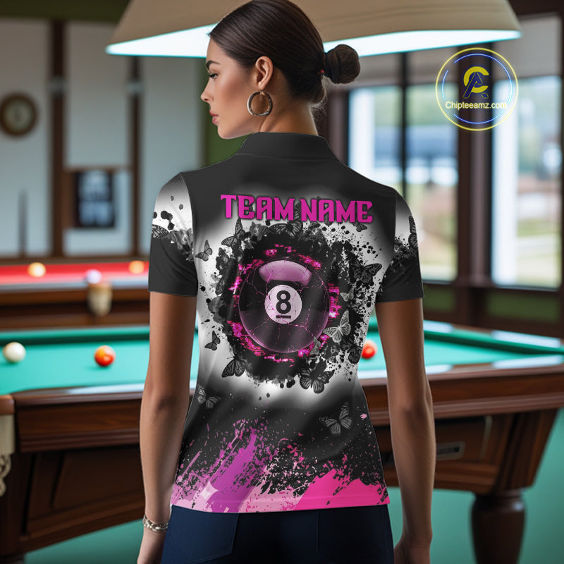Black, White & Pink Billiard 8 Ball Pool Shirt For Women Custom Butterfly Grunge Team Billiard Jersey NYN3438