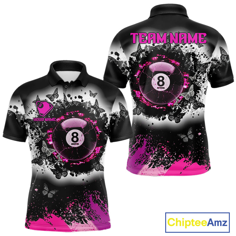 Black white pink billiard 8 ball pool shirt for men butterfly grunge billiard jersey