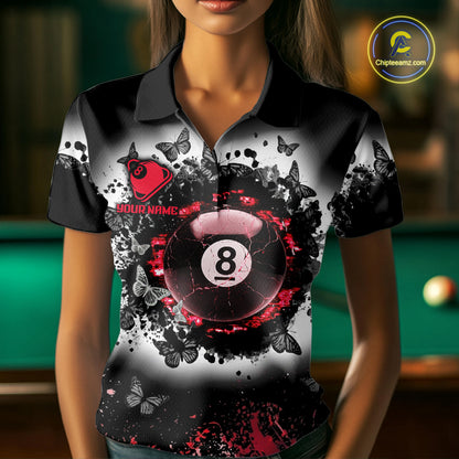 Black, White & Red Billiard 8 Ball Pool Shirt For Women Custom Butterfly Grunge Team Billiard Jersey NYN3439