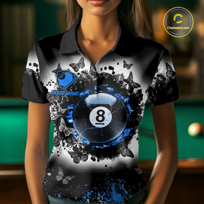 Black, White & Blue Billiard 8 Ball Pool Shirt For Women Custom Butterfly Grunge Team Billiard Jersey NYN3440