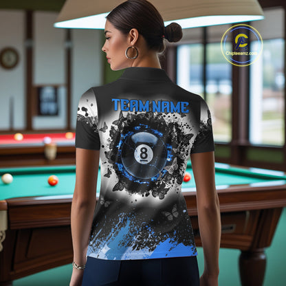 Black, White & Blue Billiard 8 Ball Pool Shirt For Women Custom Butterfly Grunge Team Billiard Jersey NYN3440