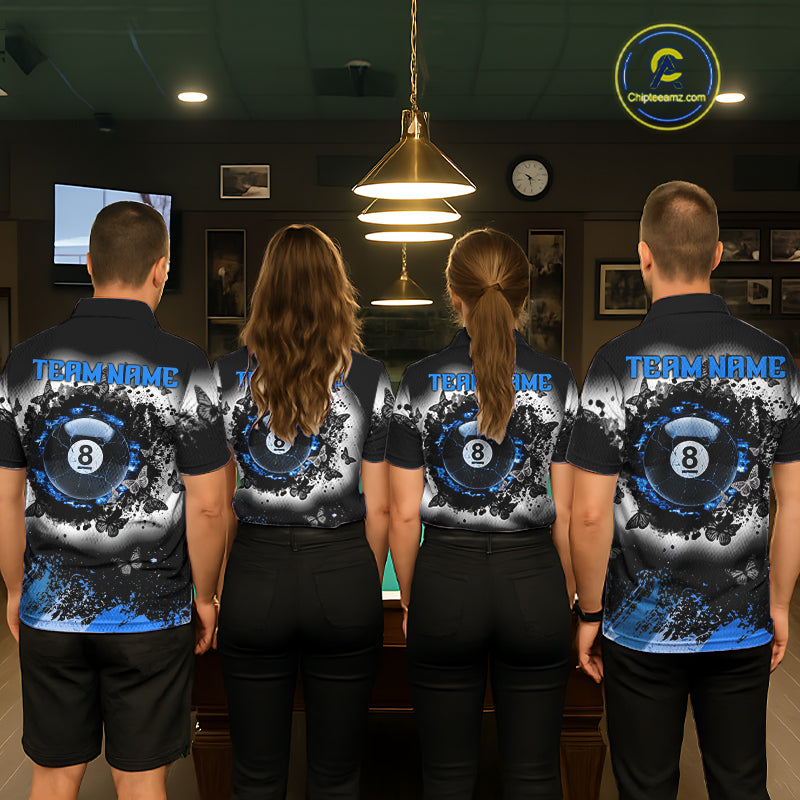 Black, White & Blue Billiard 8 Ball Pool Shirt For Men Custom Butterfly Grunge Team Billiard Jersey NYN3440