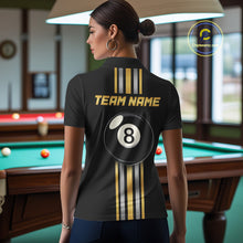 Load image into Gallery viewer, Female model wearing Black &amp; Gold 8 Ball pool polo, custom women's billiard tournament jersey, personalized cue sports apparel, league performance uniform, elegant championship team clothing