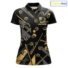 Load image into Gallery viewer, Black &amp; Gold 8 Ball women's billiard polo featuring premium gold accents, custom pool team jersey, personalized league apparel, cue sports performance shirt, 8 Ball tournament uniform, championship billiards clothing, luxury athletic polo