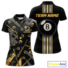 Load image into Gallery viewer, Black &amp; Gold 8 Ball women's billiard polo featuring premium gold accents, custom pool team jersey, personalized league apparel, cue sports performance shirt, 8 Ball tournament uniform, championship billiards clothing, luxury athletic polo