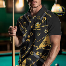 Load image into Gallery viewer, Male model wearing Black &amp; Gold 9 Ball billiard polo, personalized cue sports jersey, custom pool tournament apparel, league championship uniform, premium athletic clothing