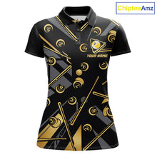 Load image into Gallery viewer, Black &amp; Gold 9 Ball women's billiard polo featuring luxury gold trim, custom pool team jersey, personalized 9 Ball tournament apparel, league clothing, cue sports performance uniform, championship team polo