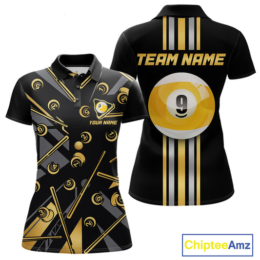 Black & Gold 9 Ball women's billiard polo featuring luxury gold trim, custom pool team jersey, personalized 9 Ball tournament apparel, league clothing, cue sports performance uniform, championship team polo