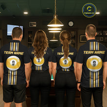 Load image into Gallery viewer, Matching Black &amp; Gold 9 Ball billiard team jerseys, custom pool tournament uniforms, league apparel, cue sports championship clothing, premium team performance jerseys