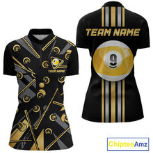Load image into Gallery viewer, Black &amp; Gold 9 Ball women's quarter-zip billiard jersey, personalized tournament apparel, custom pool league uniform, cue sports performance clothing, premium championship sportswear