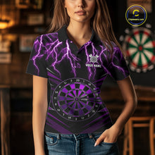Load image into Gallery viewer, Female model wearing Thunder Lightning purple custom darts polo with personalized name