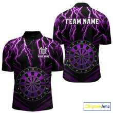 Load image into Gallery viewer, Thunder Lightning Men's Quarter-Zip Darts Jersey Mockup, Purple Dartboard Professional Tournament Shirt, Custom Dart League Uniform