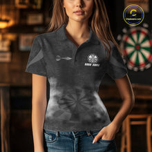 Load image into Gallery viewer, Female model wearing Black Smokes Custom Dart Polo Shirt, Personalized Dart League Uniform, Tournament Apparel