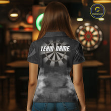 Load image into Gallery viewer, Female model wearing Black Smokes Custom Dart Polo Shirt, Personalized Dart League Uniform, Tournament Apparel