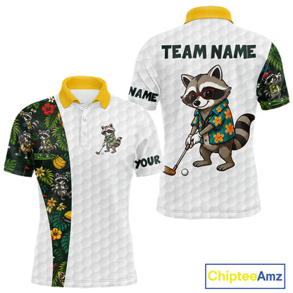 Custom Raccoon Golfer Golf Ball Team Attire Tropical Monstera Golf Polo Golf Shirts For Men NYN3991