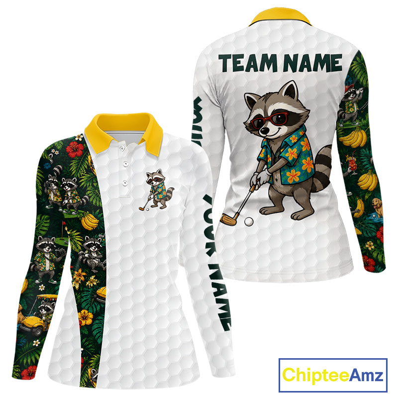 Custom Raccoon Golfer Golf Ball Team Attire Tropical Monstera Golf Polo Golf Shirts For Women NYN3991