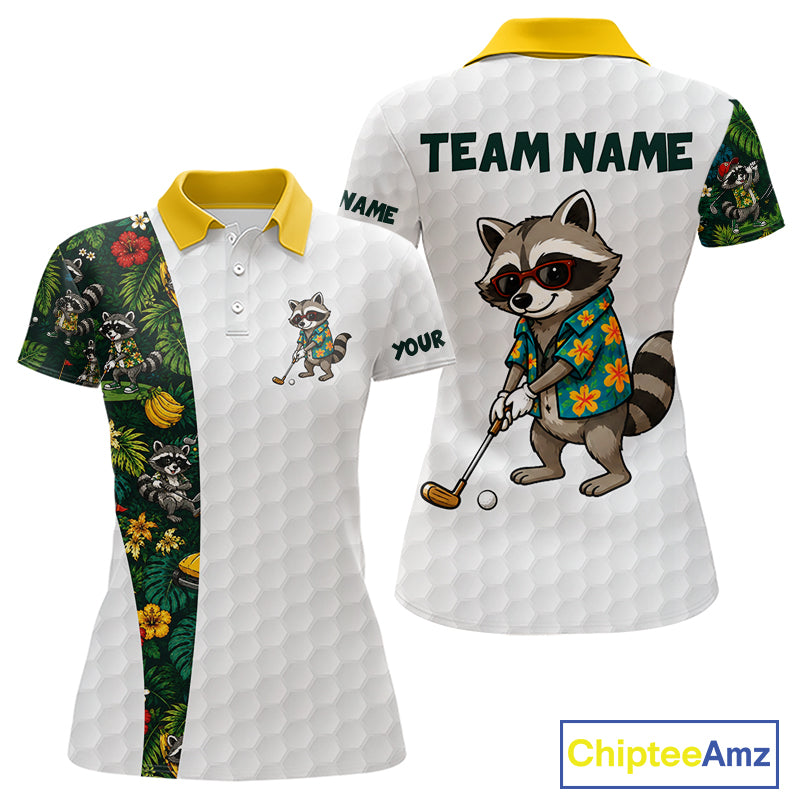 Custom Raccoon Golfer Golf Ball Team Attire Tropical Monstera Golf Polo Golf Shirts For Women NYN3991
