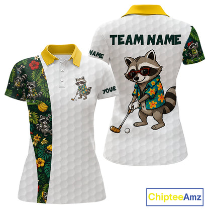 Custom Raccoon Golfer Golf Ball Team Attire Tropical Monstera Golf Polo Golf Shirts For Women NYN3991